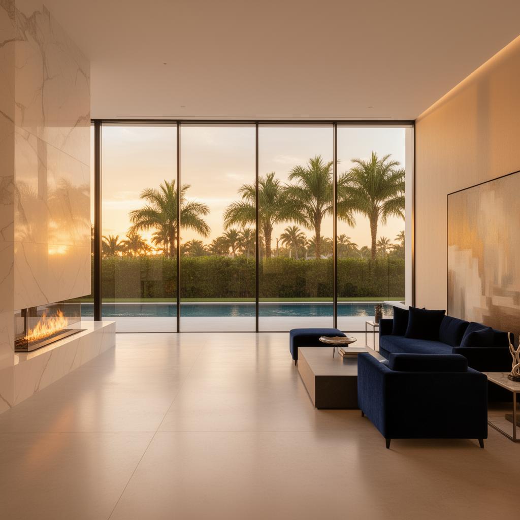 Luxury modern home interior with golden hour light